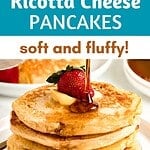 Teal and brown text overlay on forked bite and pancake stack with syrup.