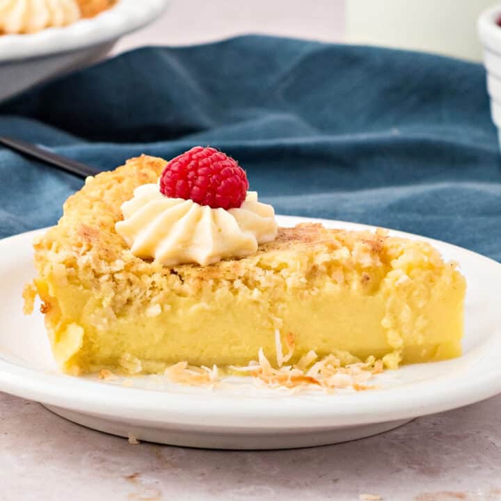 Close up slice of coconut pie on a white plate. Blue kitchen towel.