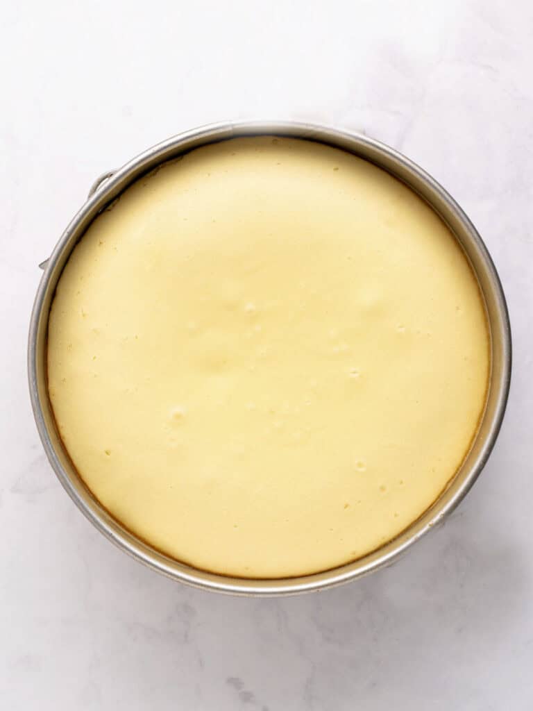 Baked cheesecake in a round springform pan. Light gray background.
