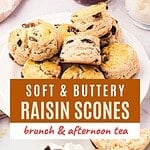 Brown text overlay on whole and split raisin scones.