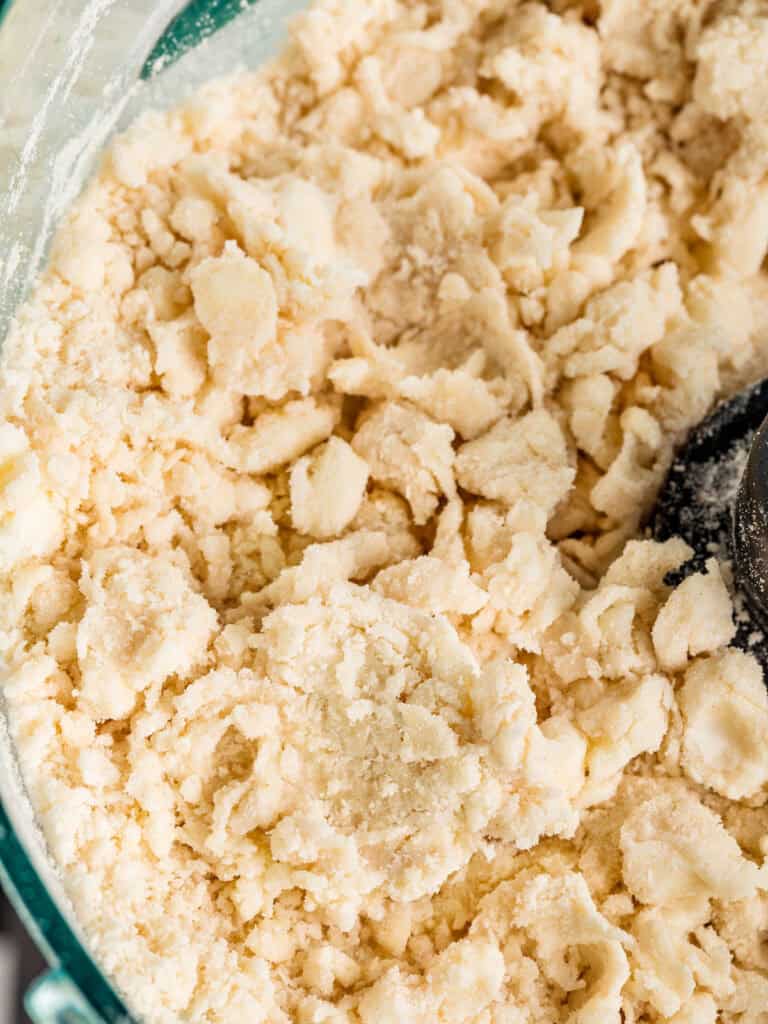 Crumbly dough in the bowl of a food processor. Close up.