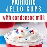 Red white blue jello cup with whipped cream. Text overlay.