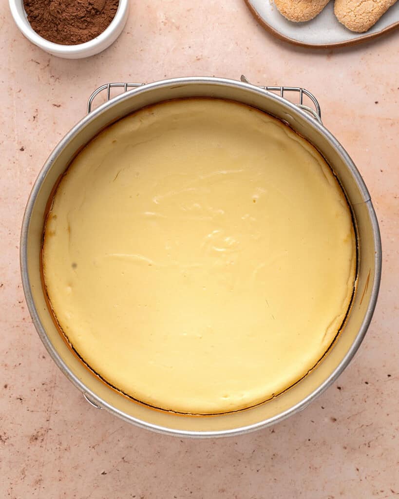 Baked cheesecake in a round metal springform pan. Top view. Light peach surface.