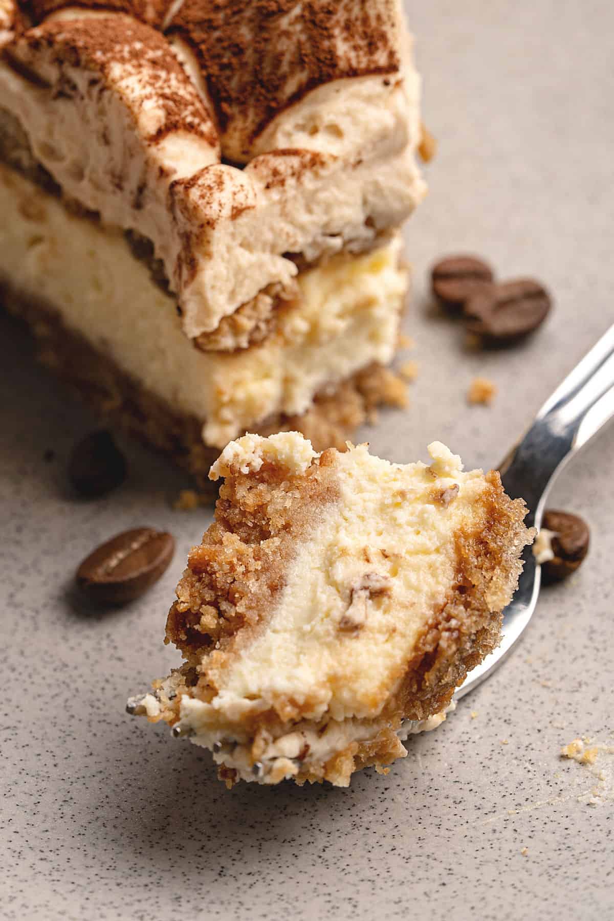 Forked bite of tiramisu cheesecake beside whole slice. Light gray background. Coffee beans.