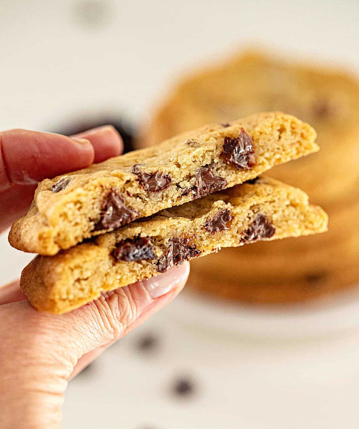 Hand holding a halved chocolate chip raisin cookie. White background.