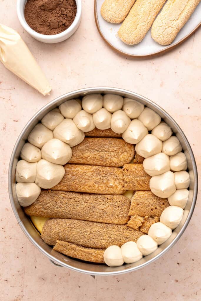 Half-assembled tiramisu cheesecake with ladyfingers and mascarpone cream piping. Peach background, top view. Piping bag, coffee bowl, ladyfingers.