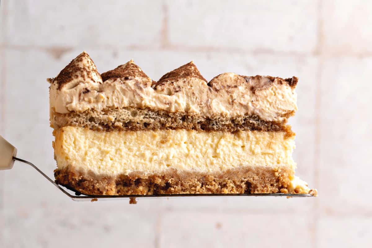 Cake server with slice of tiramisu cheesecake. Light gray tile background.