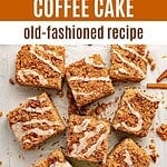 Green and brown text overlay on squares of glazed applesauce cake with crumb topping.
