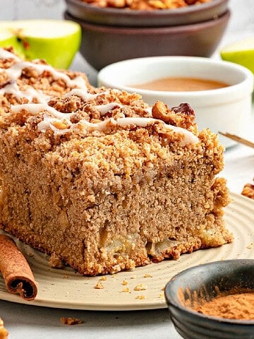 Square of applesauce coffee cake on a beige plate. Cinnamon stick and bowl, apple slices.