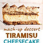Two slices of tiramisu cheesecake with blue and brown text overlay.