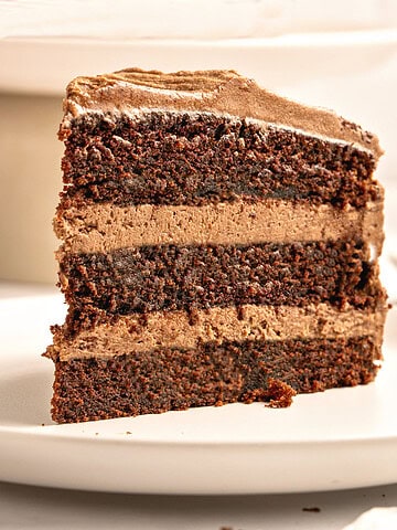 Close up slice of chocolate filled and frosted chocolate cake. White plate.