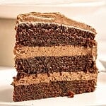 Blue and brown text overlay on slice of chocolate layer cake on a white plate.